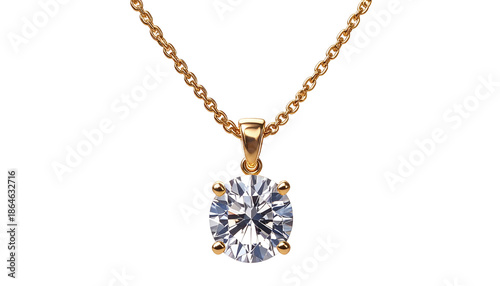 A close-up shot of a gold necklace with a sparkling, round-cut gemstone pendant, suspended against a black background