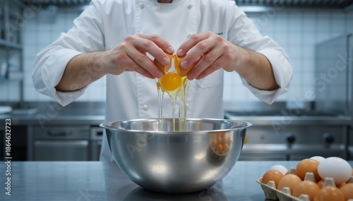 Chef cracking an egg into a stainless steel bowl in a professional kitchen. Close up of male cook hands preparing food ingredients for baking recipe