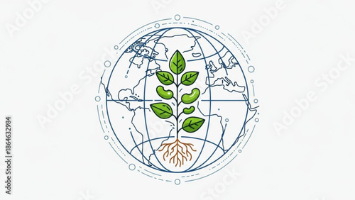 A green plant sprout with leaves and roots growing out of a globe with lines and dots on a white background, symbolizing eco friendly and sustainable earth