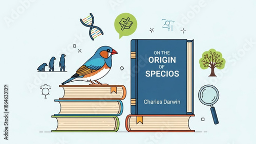 Illustration of a colorful bird perched on stack of books with charles darwin's on the origin of species, dna double helix, magnifying glass, and tree, symbolizing