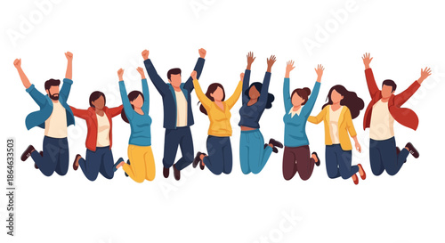 A diverse group of happy people jumping in the air with their arms raised in celebration and excitement, conveying a sense of unity and success