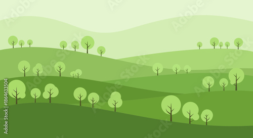 A serene landscape unfolds with rolling green hills dotted with stylized trees under a pale sky, evoking a sense of natural tranquility and growth