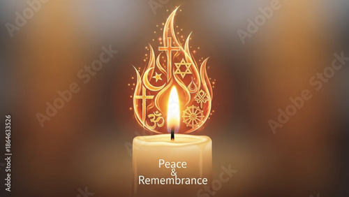 A lit candle with peace and remembrance message and religious symbols in flame, representing unity and harmony with hope and faith and spirituality
