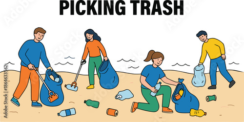 Beach cleanup volunteers collecting trash, ocean pollution awareness, environmental protection, community service, eco-friendly action, teamwork, flat vector illustration
