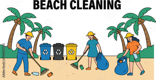 Beach cleaning illustration with volunteers and recycling bins, flat vector design, environmental awareness and waste management concept