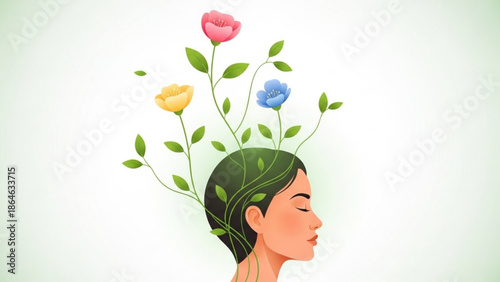 Woman with flowers growing out of her head, symbolizing growth, serenity, and mental well being, with a peaceful expression on a soft green background