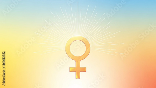 Golden female symbol on a radiant gradient background with sunburst effect, representing empowerment and feminism with feminine and equality