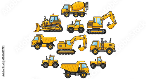 A vibrant collection of yellow construction vehicles, including excavators, bulldozers, dump trucks, and a cement mixer, arranged in a circular pattern against a clean white background