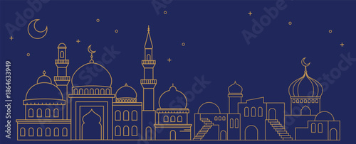 Ramadan Kareem background in line art style. Modern Islamic greeting card template and wallpaper design. Poster and media banner illustration