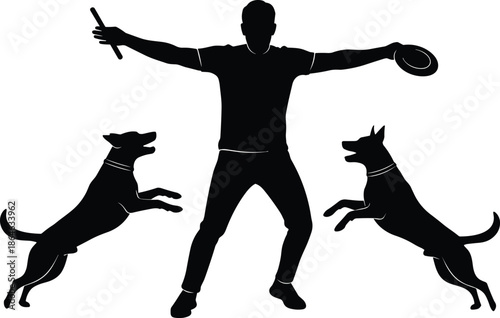 Dog trainer silhouette with jumping dogs, obedience training action scene, professional pet handling concept, black vector illustration, canine control discipline demonstration isolated background