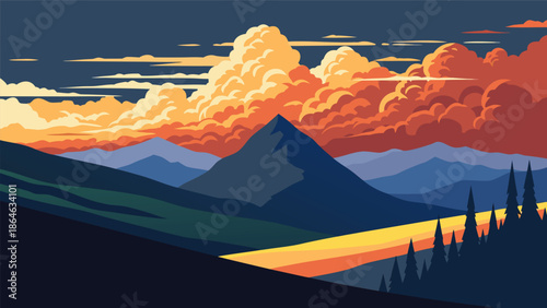 Vibrant Vector Illustration of Majestic Mountain Landscape at Sunset with Fiery Clouds and Silhouetted Pine Trees, Serene Nature Scene