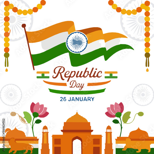 Indian Republic Day Celebration Poster with National Flag, Ashoka Chakra and India Gate – 26 January
