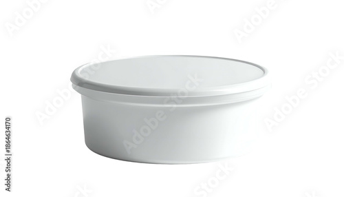 A white, round container with a lid, presented against a black backdrop, showcasing a simplistic and clean design
