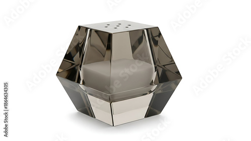 Elegant smoked glass salt shaker with a modern geometric faceted design on a white background.
