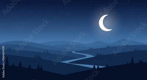 A serene night landscape unfolds with rolling hills and a winding river under a crescent moon and starry sky