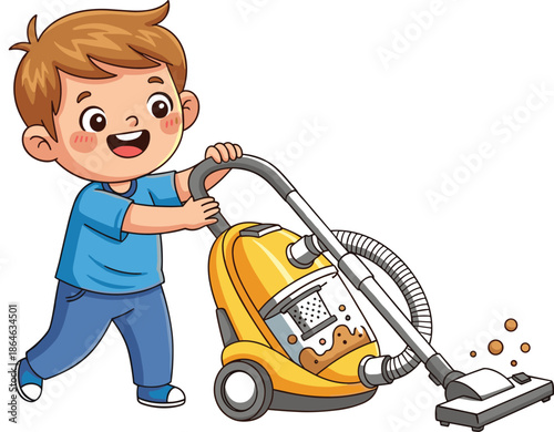 Happy cartoon boy vacuum cleaning home interior, cute child using vacuum cleaner, playful kid housekeeping illustration, colorful vector, isolated background for kids education concept