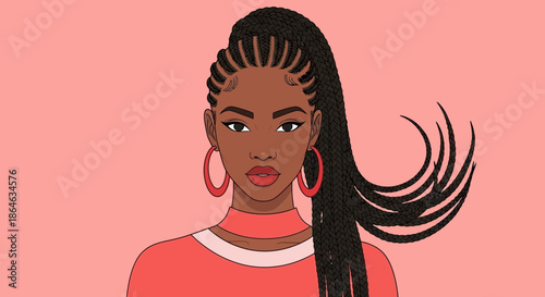 A stylish young black woman with intricate braids and large hoop earrings, looking confidently at the viewer with a soft pink background