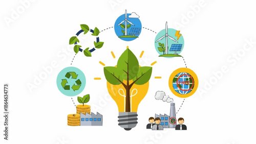 Green energy concept with light bulb and renewable sources.