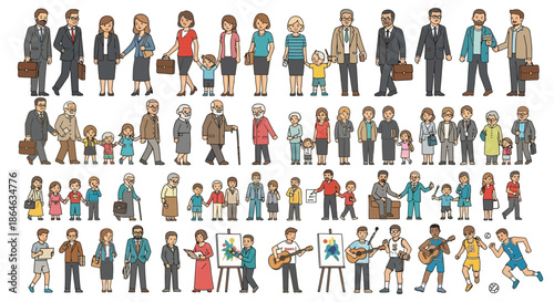 A diverse collection of people from different age groups and professions, depicted in a cartoonish style, showcasing various activities and attire