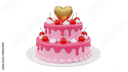 Two-Tiered Pink Cake with Cherries, Cream, and Gold Heart Topper