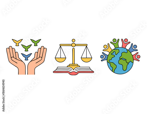 Freedom, Justice, Global Unity, Diverse Social Rights Vector Icons Set