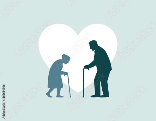 Elderly couple silhouettes with walking sticks, symbol of senior love, care