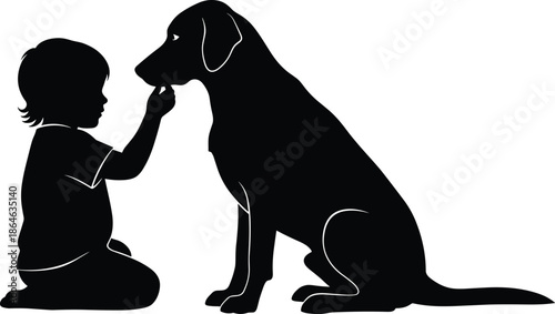 Silhouette of child touching dog gently, black figures, transparent background, companionship and empathy illustration