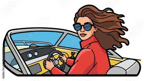 Woman in red coat and sunglasses driving a boat, hair blowing in the wind