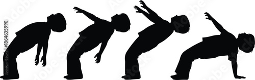   
Silhouettes of person performing backbend sequence, black figures, transparent background, flexibility and motion illustration for yoga and dance