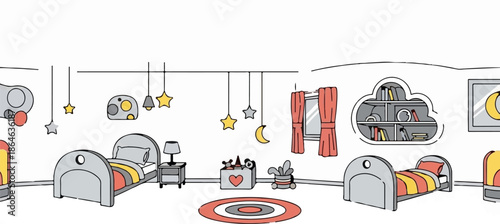 Whimsical bedroom with celestial decor, twin beds, and toy storage