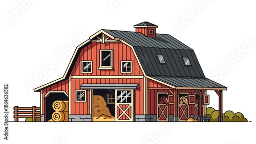 A pixelart red barn with a gambrel roof featuring stalls with horses hay bales and a fence