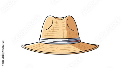 A straw fedora hat with a woven texture and a striped band