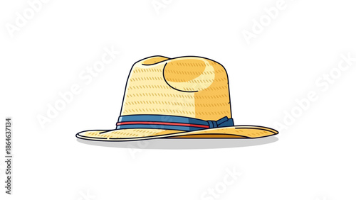 A straw hat with a blue and red band and a bow