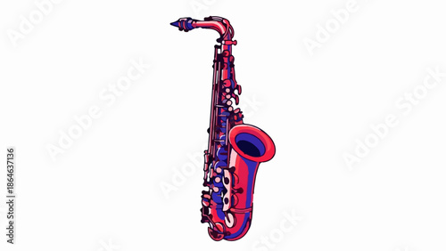 Vibrant illustration of a red and blue saxophone against a white background