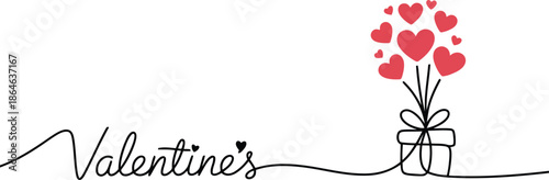 A heartfelt Valentines greeting featuring a minimalist gift box outline with many floating red heart balloons