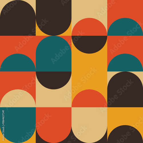 Retro mosaic seamless pattern with geometric arches and circles