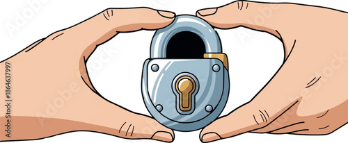 Two hands cradle a metallic padlock, emphasizing security and protection