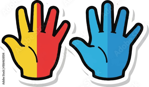Two stylized open palms, one half yellow half red, the other blue, with thick outlines