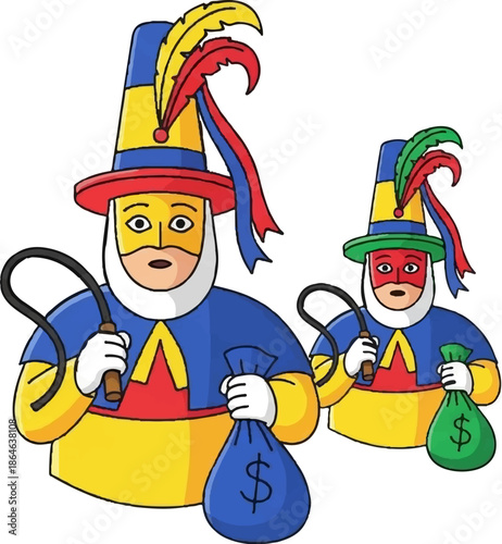 Two stylized masked figures in colorful attire, holding whips and money bags