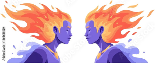 Two stylized figures with flame-like hair and watery lower bodies face each other peacefully