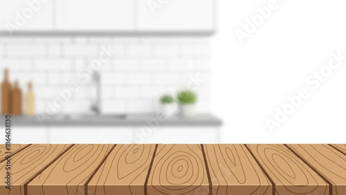 Wooden table foreground with blurred kitchen counter background featuring bottles and plant