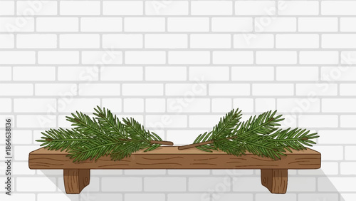 Wooden shelf with green pine branches on a white brick wall background