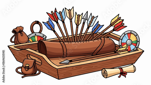 Wooden tray holds quiver of arrows, two pouches, a scroll, and shield