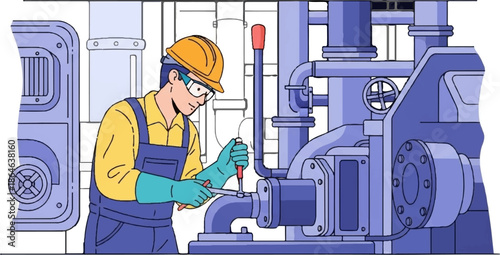 Worker in hard hat and overalls repairs industrial machinery with tools