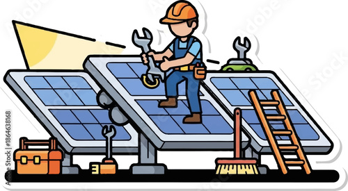 Worker maintaining solar panels with tools and ladder