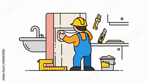 Worker in overalls and hard hat hangs wallpaper by sink, with tools