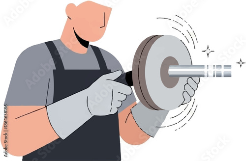 Worker polishing metal rod on grinding wheel