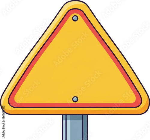 Yellow triangular caution sign with red border and gray pole