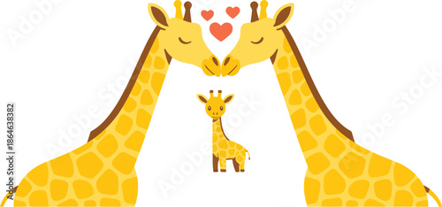 Cute cartoon giraffe family portrait with loving parents and their sweet baby surrounded by hearts