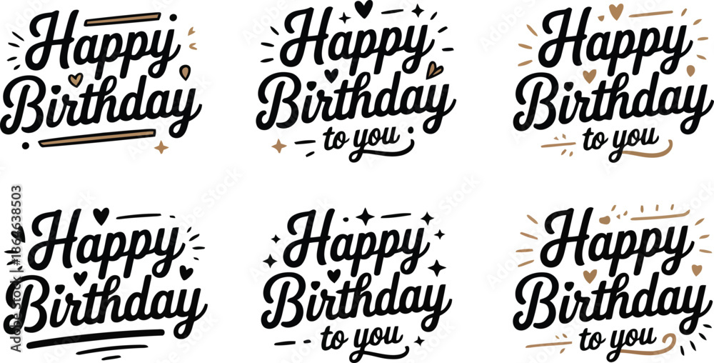 Obraz premium Diverse collection of six modern Happy Birthday to you handwritten script greetings for various celebrations